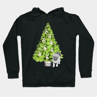 Pug dog Christmas scene with Christmas tree and Santa hat Hoodie